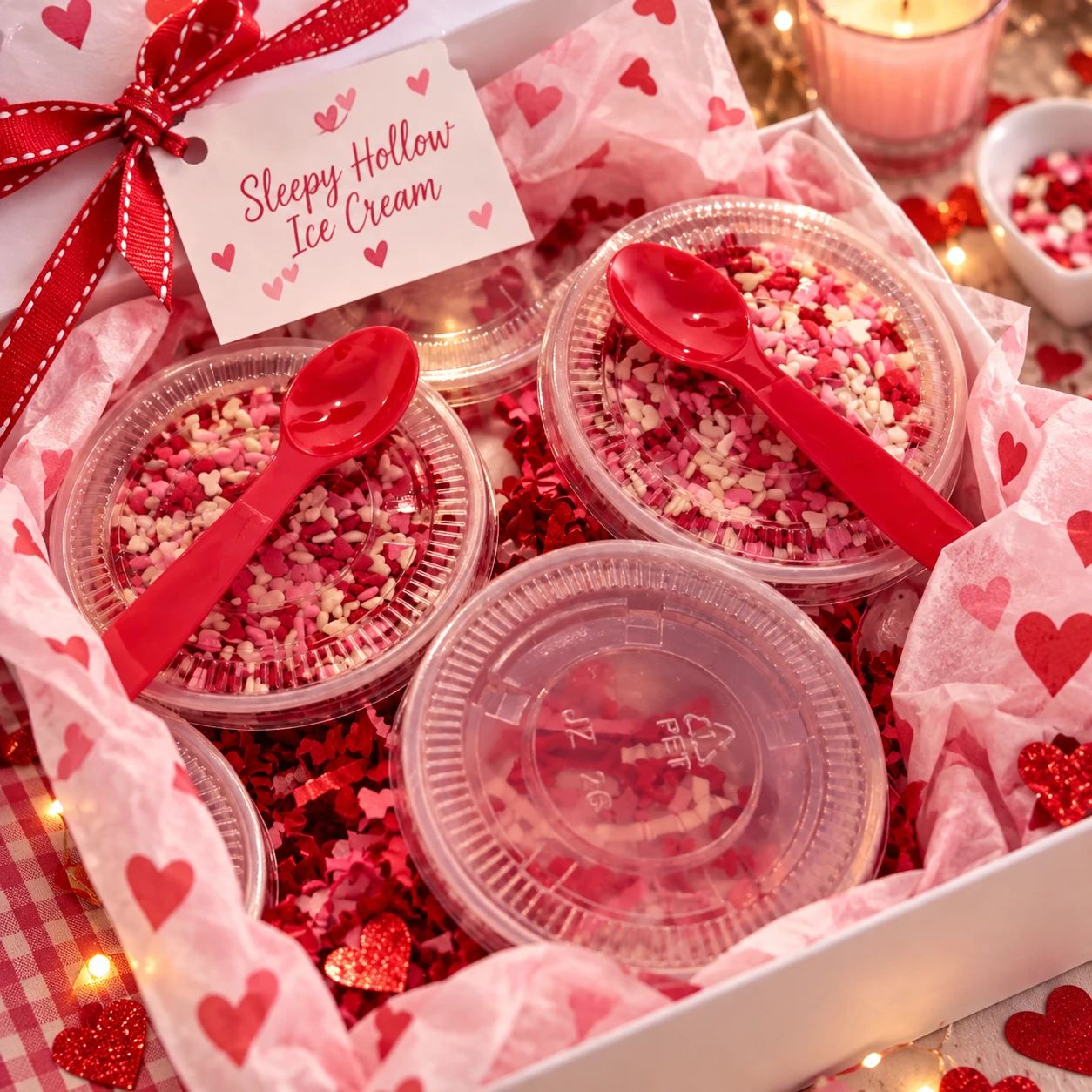 Ice cream cups topped with pink, red and white heart sprinkles in a gift box with red spoons